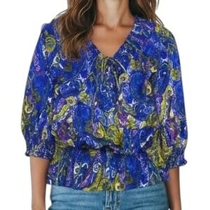 Jones New York Signature Blouse Women's Small Blue Green Purple Paisley Smocked‎
